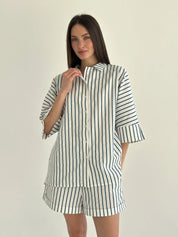 Shirt and shorts suit, cotton, "turquoise stripe on milk"
