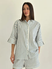 Shirt and shorts suit, cotton, "turquoise stripe on milk"
