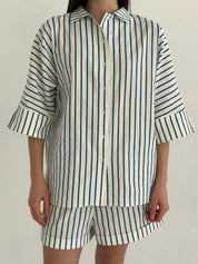 Shirt and shorts suit, cotton, "turquoise stripe on milk"