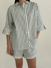 Shirt and shorts suit, cotton, "turquoise stripe on milk"