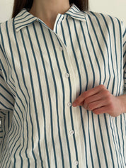 Shirt and shorts suit, cotton, "turquoise stripe on milk"