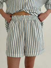 Shirt and shorts suit, cotton, "turquoise stripe on milk"