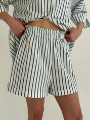 Shirt and shorts suit, cotton, "turquoise stripe on milk"