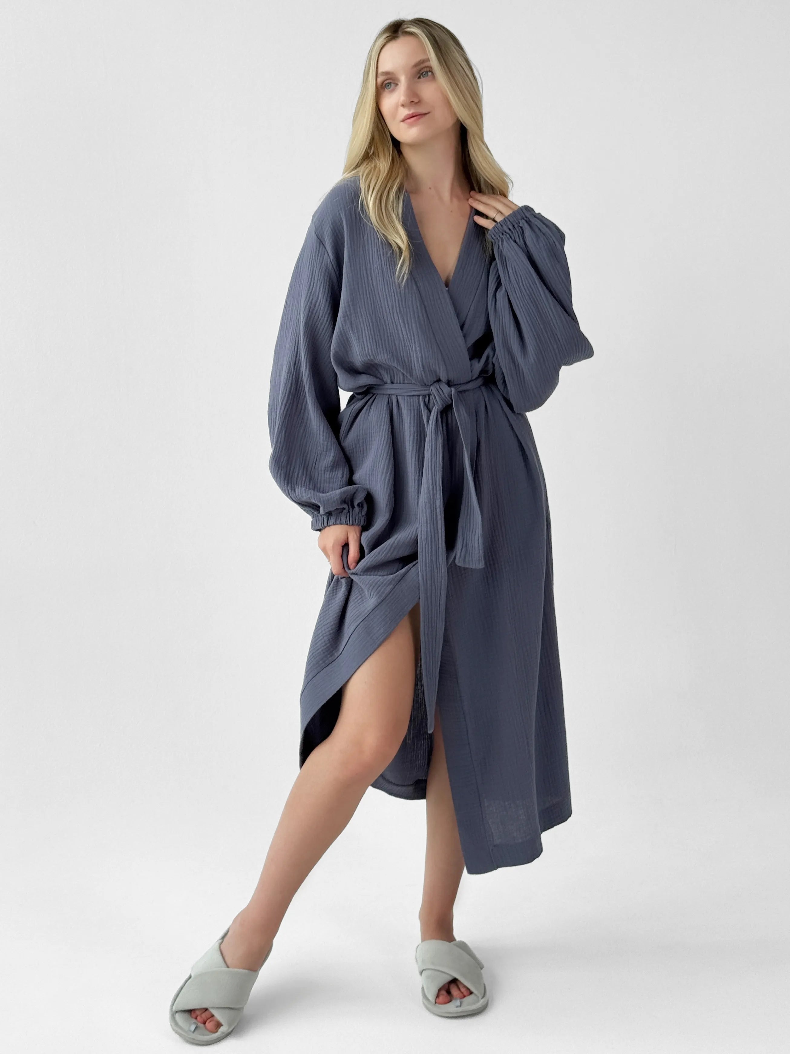 Muslin Robe long blue 2-layer