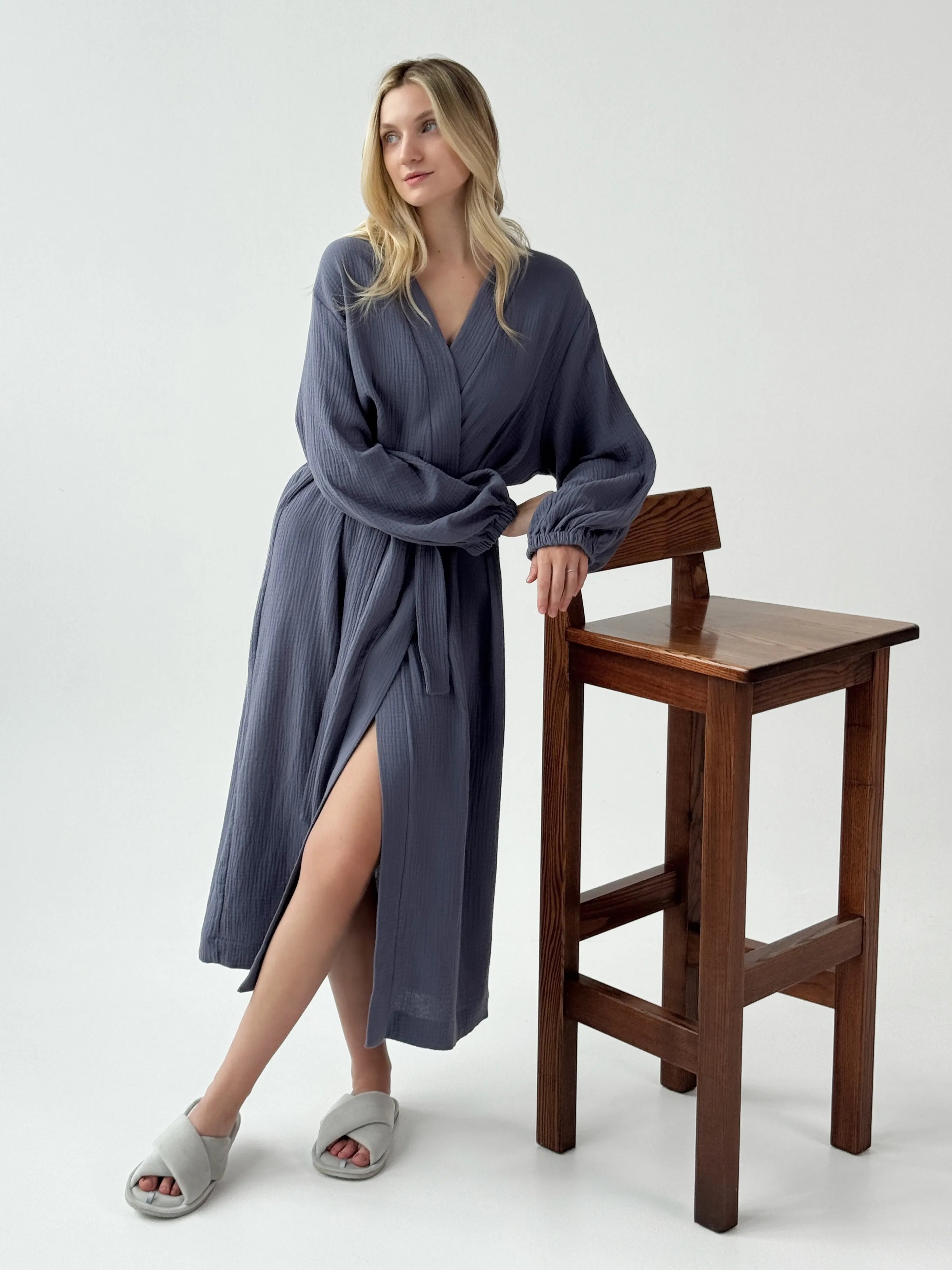 Muslin Robe long blue 2-layer