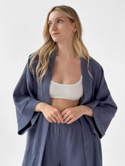 Muslin Kimono Robe Short Blue 2-layer