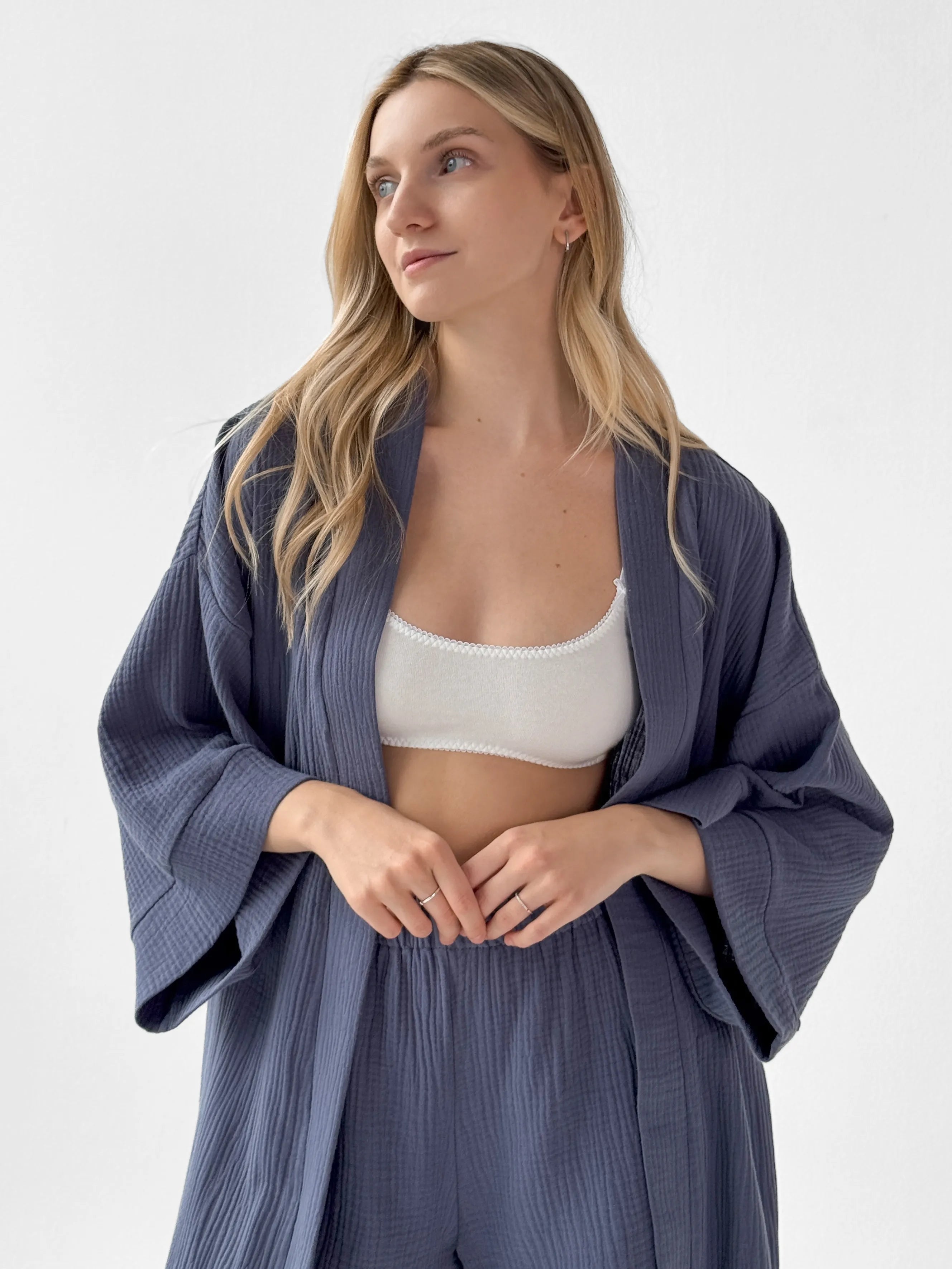 Muslin Kimono Robe Short Blue 2-layer