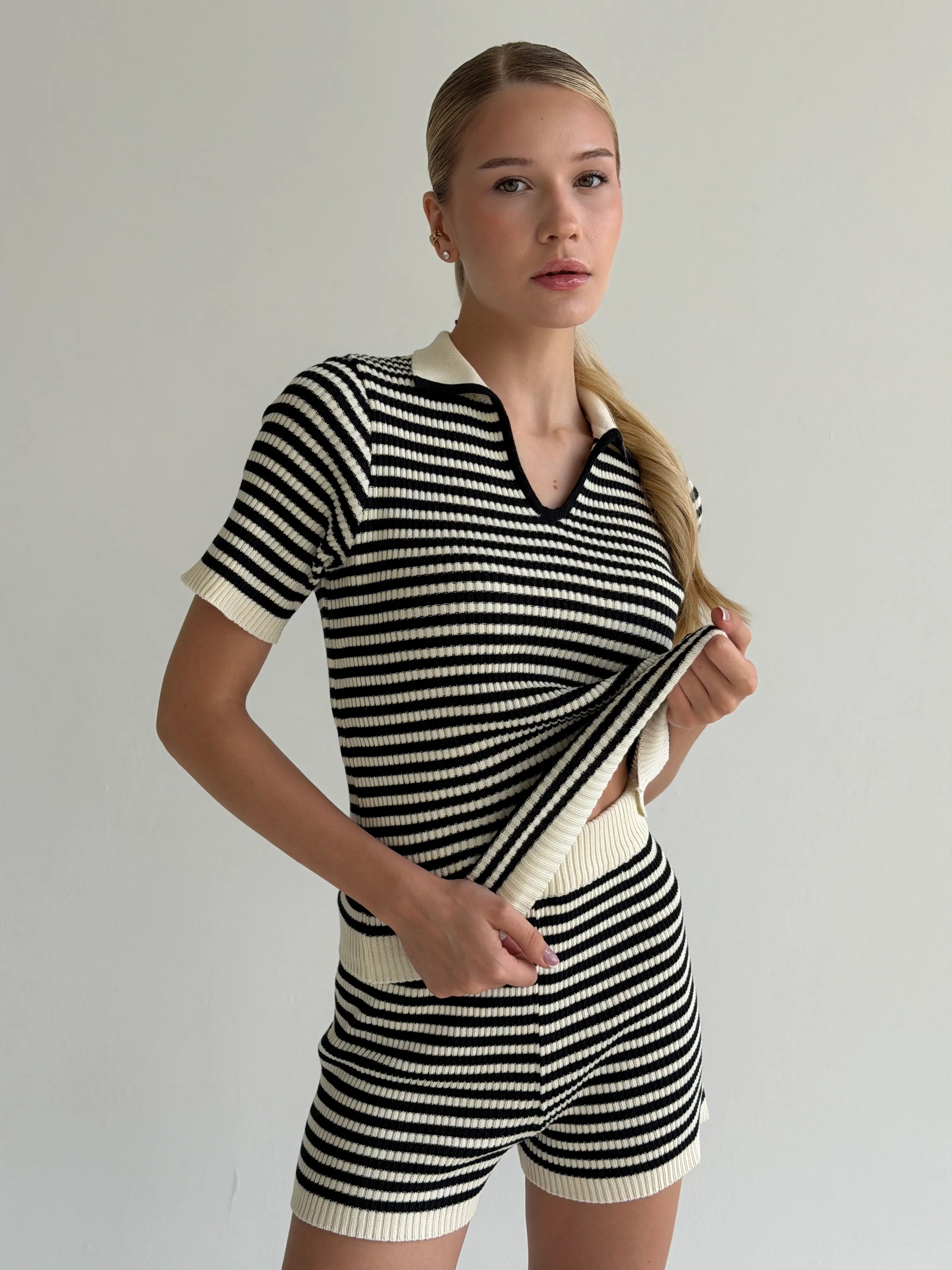 Knitted polo and shorts set, black stripe on milky