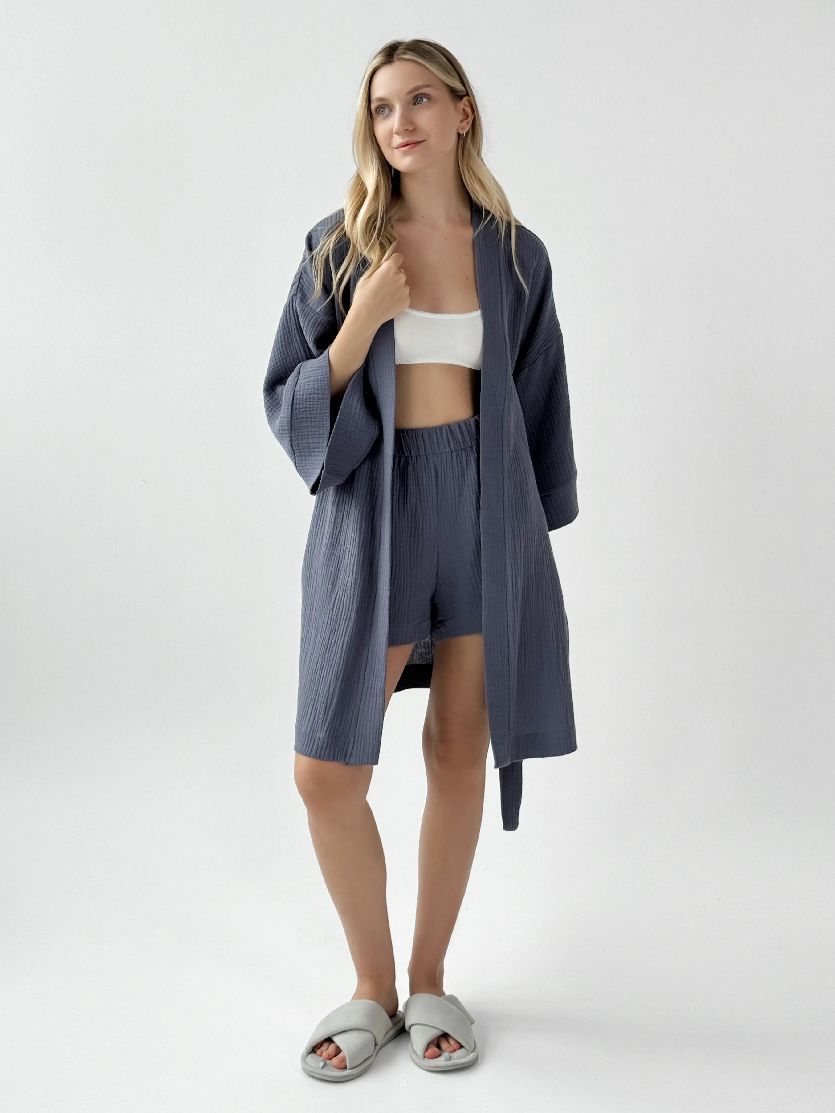 Muslin Kimono Robe Short Blue 2-layer