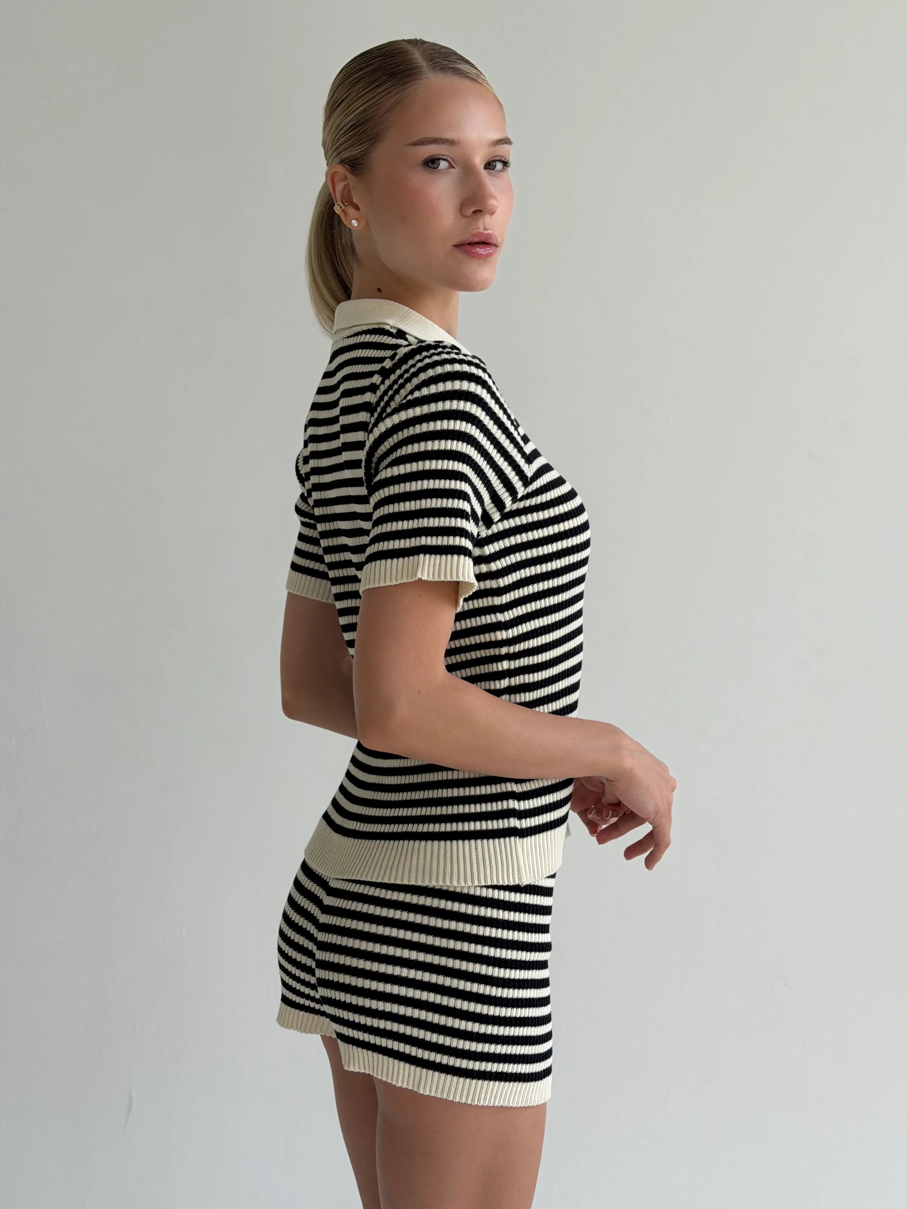 Knitted polo and shorts set, black stripe on milky