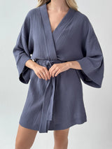 Muslin Kimono Robe Short Blue 2-layer