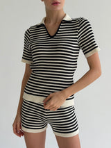 Knitted polo and shorts set, black stripe on milky