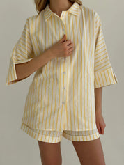 Shirt and shorts suit, cotton "yellow stripe on milk"