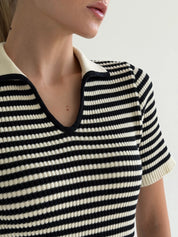 Knitted polo and shorts set, black stripe on milky