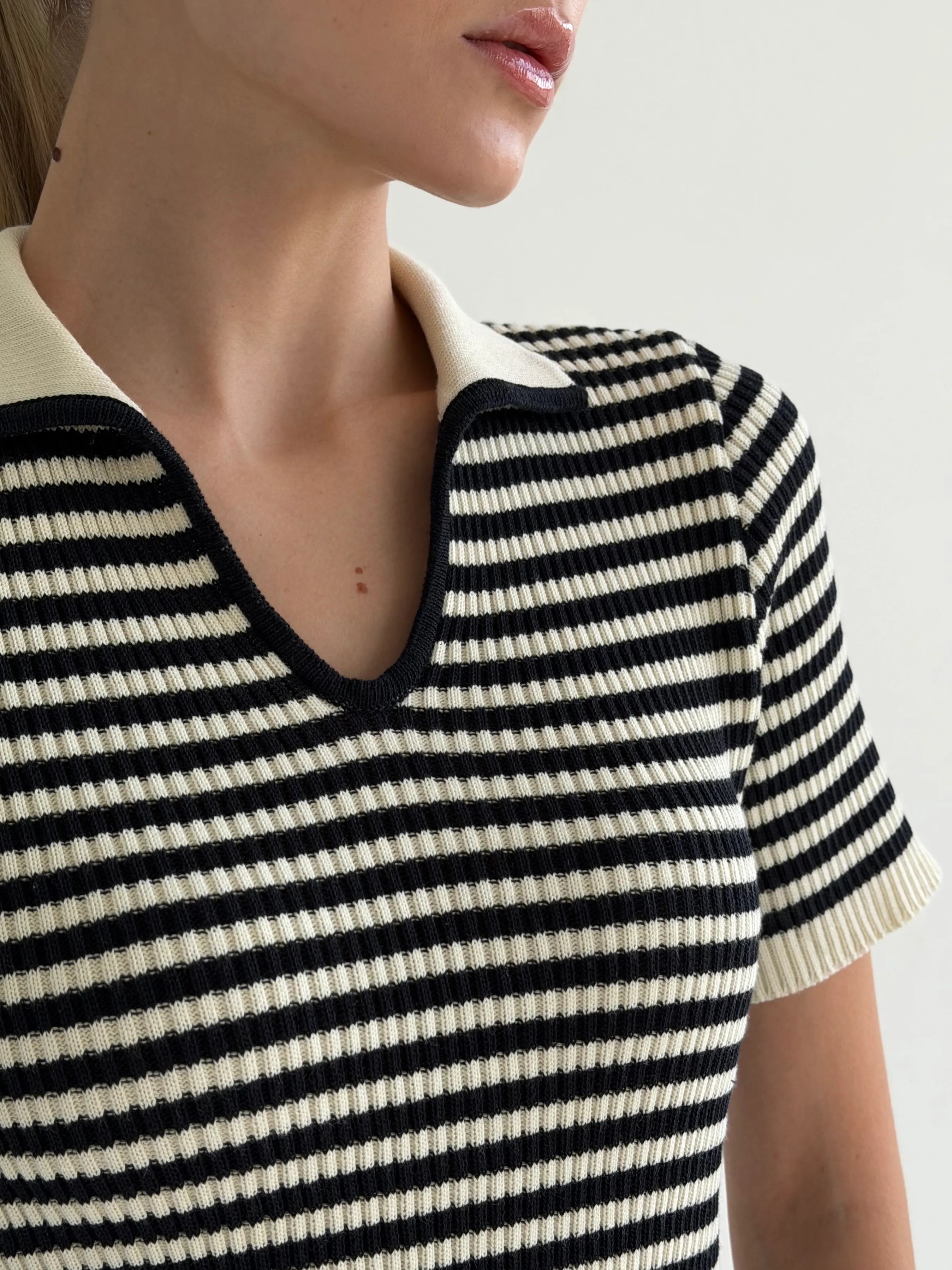 Knitted polo and shorts set, black stripe on milky