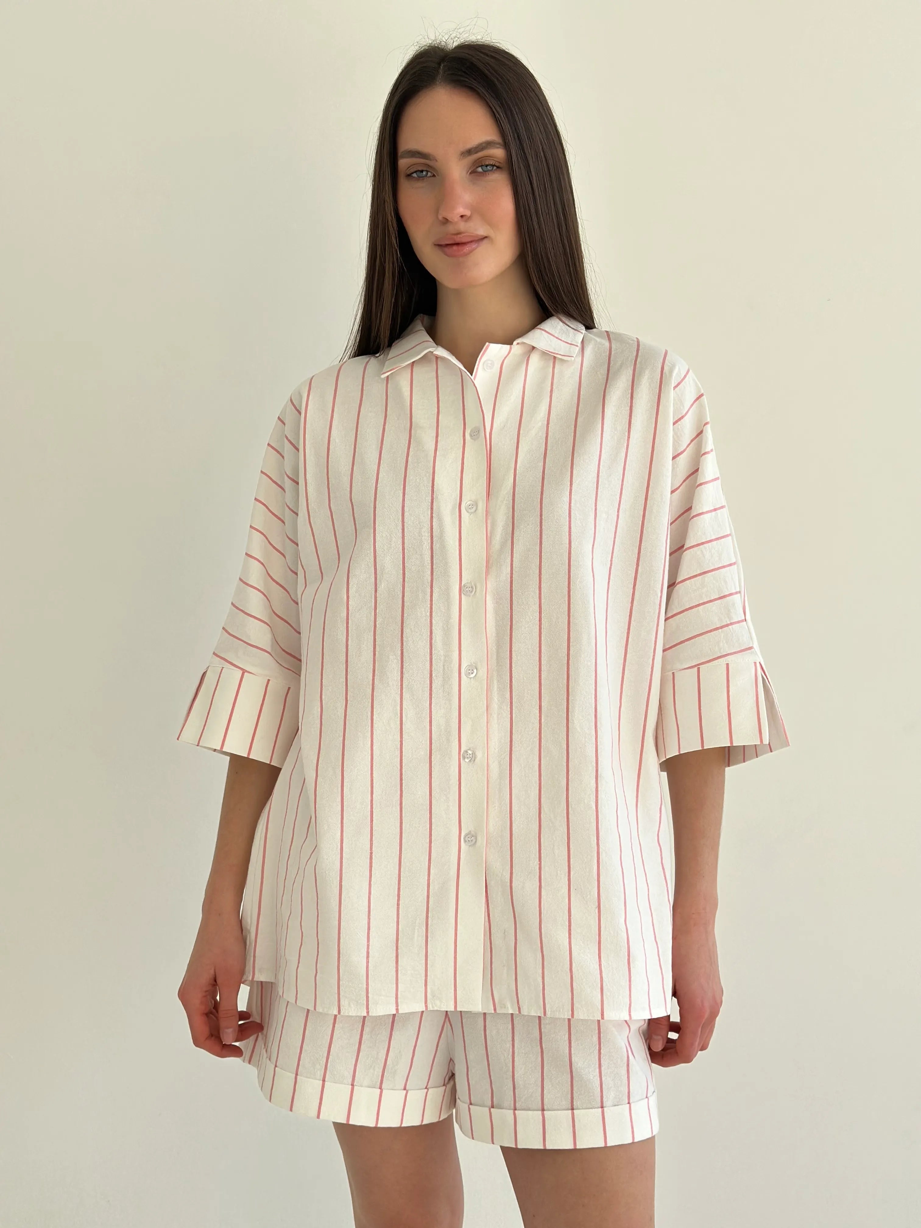 Shirt and shorts suit, cotton "pink stripe on milk"