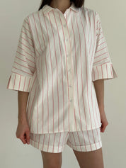 Shirt and shorts suit, cotton "pink stripe on milk"