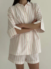 Shirt and shorts suit, cotton "pink stripe on milk"