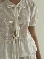 Tie-dye blouse and ruffled shorts suit, cambric flowers, milky