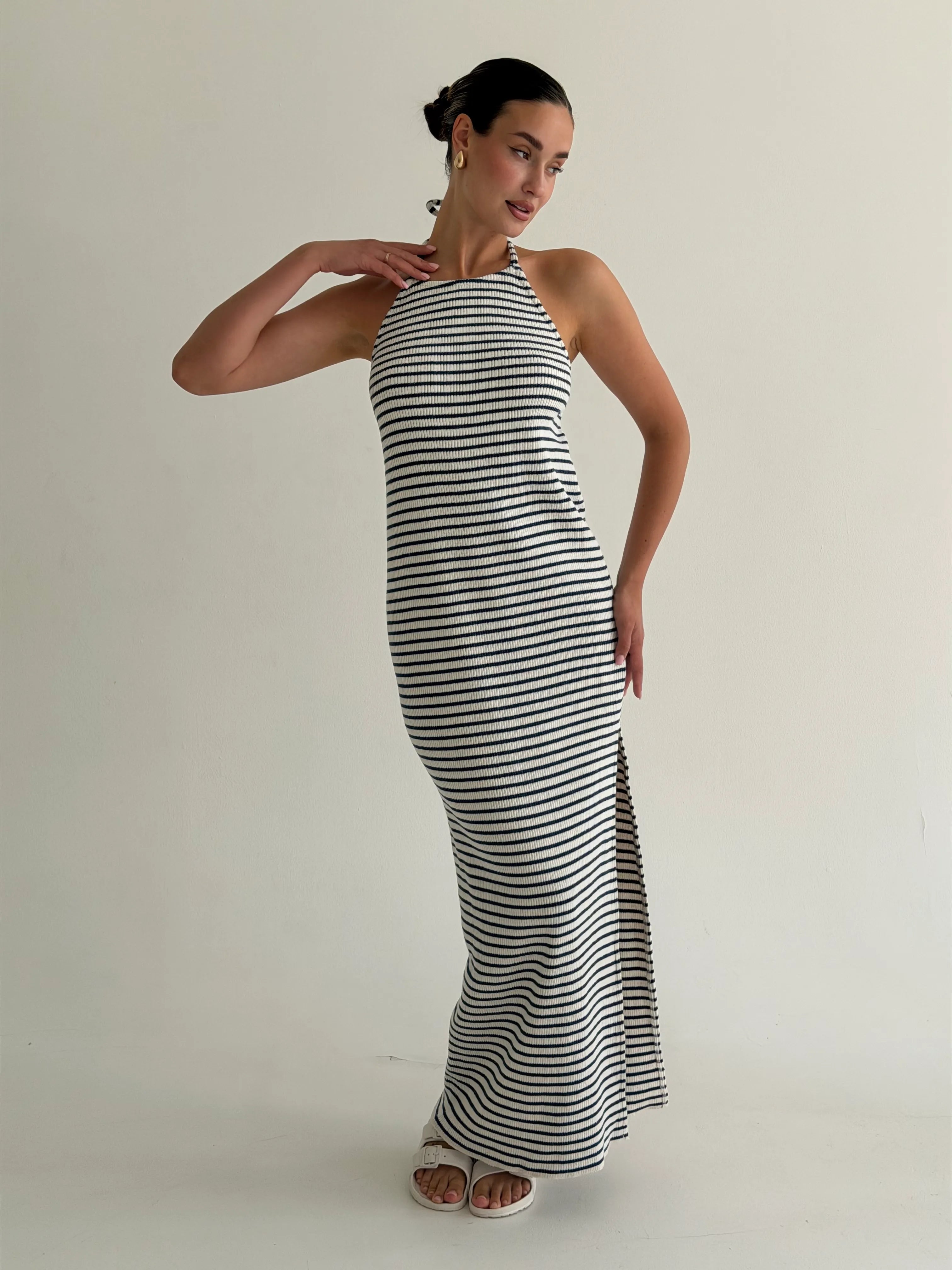 Knitted maxi dress in rib, blue stripe on milky
