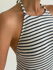 Knitted maxi dress in rib, blue stripe on milky