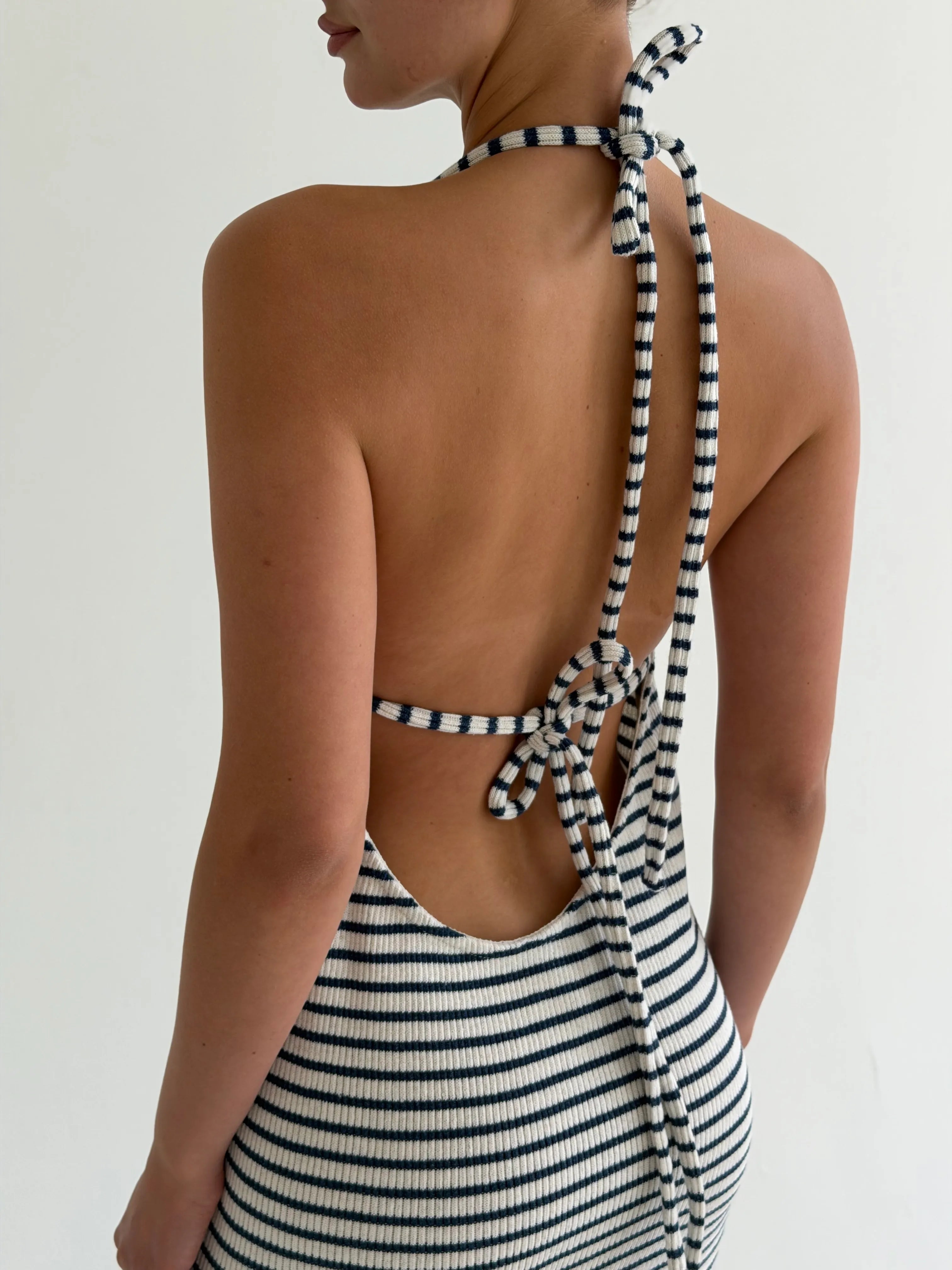 Knitted maxi dress in rib, blue stripe on milky