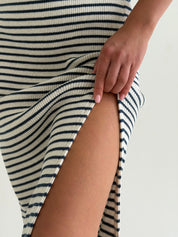 Knitted maxi dress in rib, blue stripe on milky
