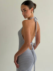 Knitted maxi dress in rib, blue stripe on white
