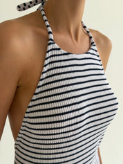 Knitted maxi dress in rib, blue stripe on white