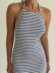 Knitted maxi dress in rib, blue stripe on white