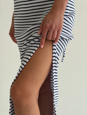Knitted maxi dress in rib, blue stripe on white