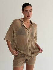 Knitted mesh shirt and shorts suit beige