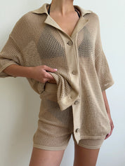 Knitted mesh shirt and shorts suit beige