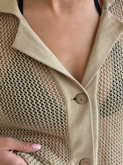 Knitted mesh shirt and shorts suit beige