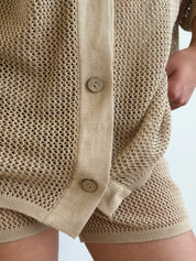 Knitted mesh shirt and shorts suit beige