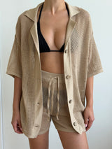 Knitted mesh shirt and shorts suit beige
