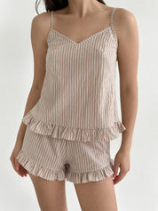 Cotton striped T-shirt and shorts suit beige/milk