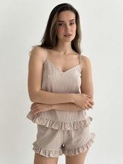 Cotton striped T-shirt and shorts suit beige/milk