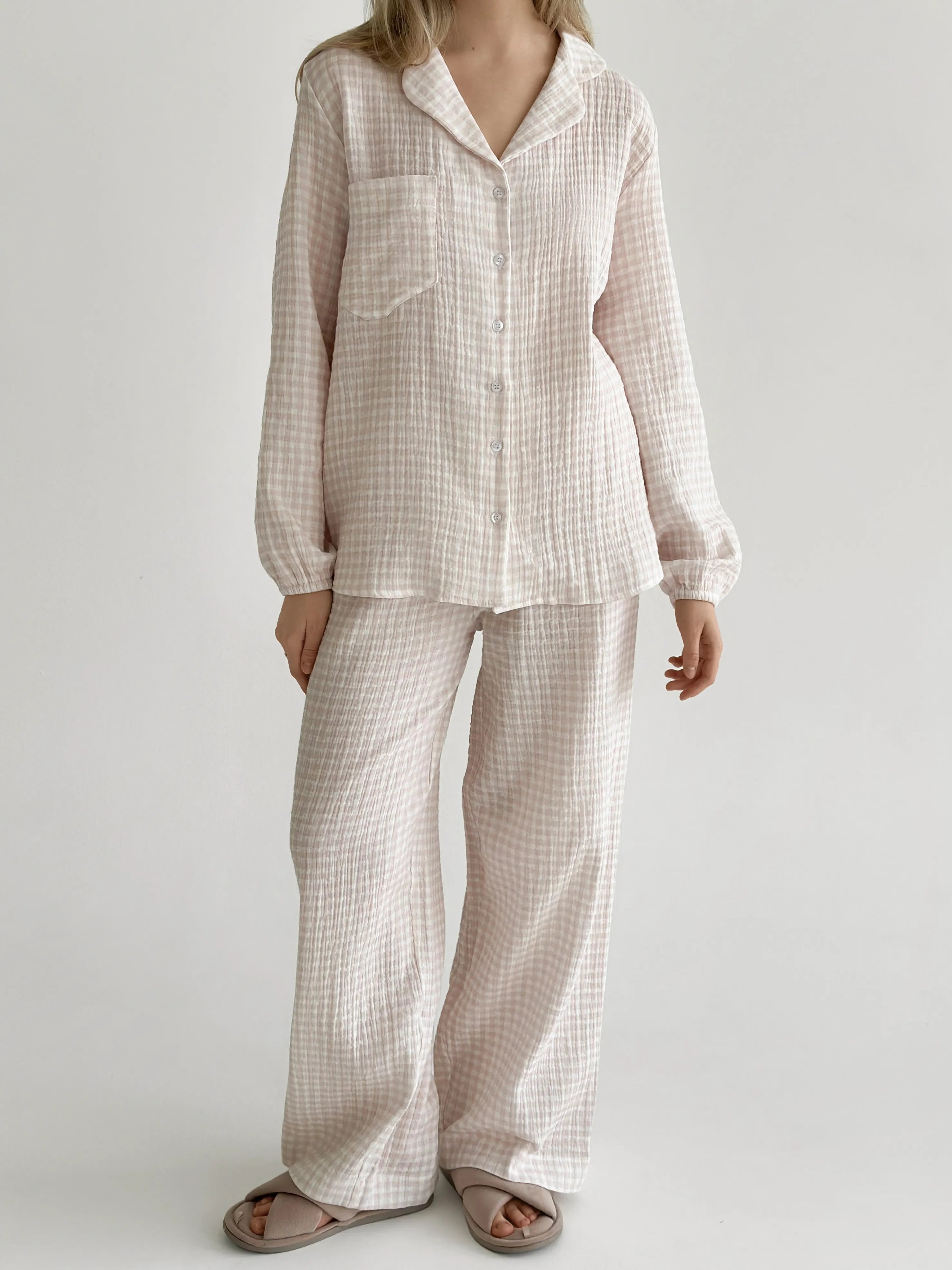 Suit spacious shirt and pants muslin check beige on milky