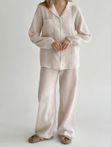 Suit spacious shirt and pants muslin check beige on milky