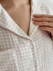 Suit spacious shirt and pants muslin check beige on milky