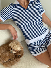 Knitted polo and shorts set blue stripe on white