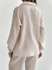 Suit spacious shirt and pants muslin check beige on milky