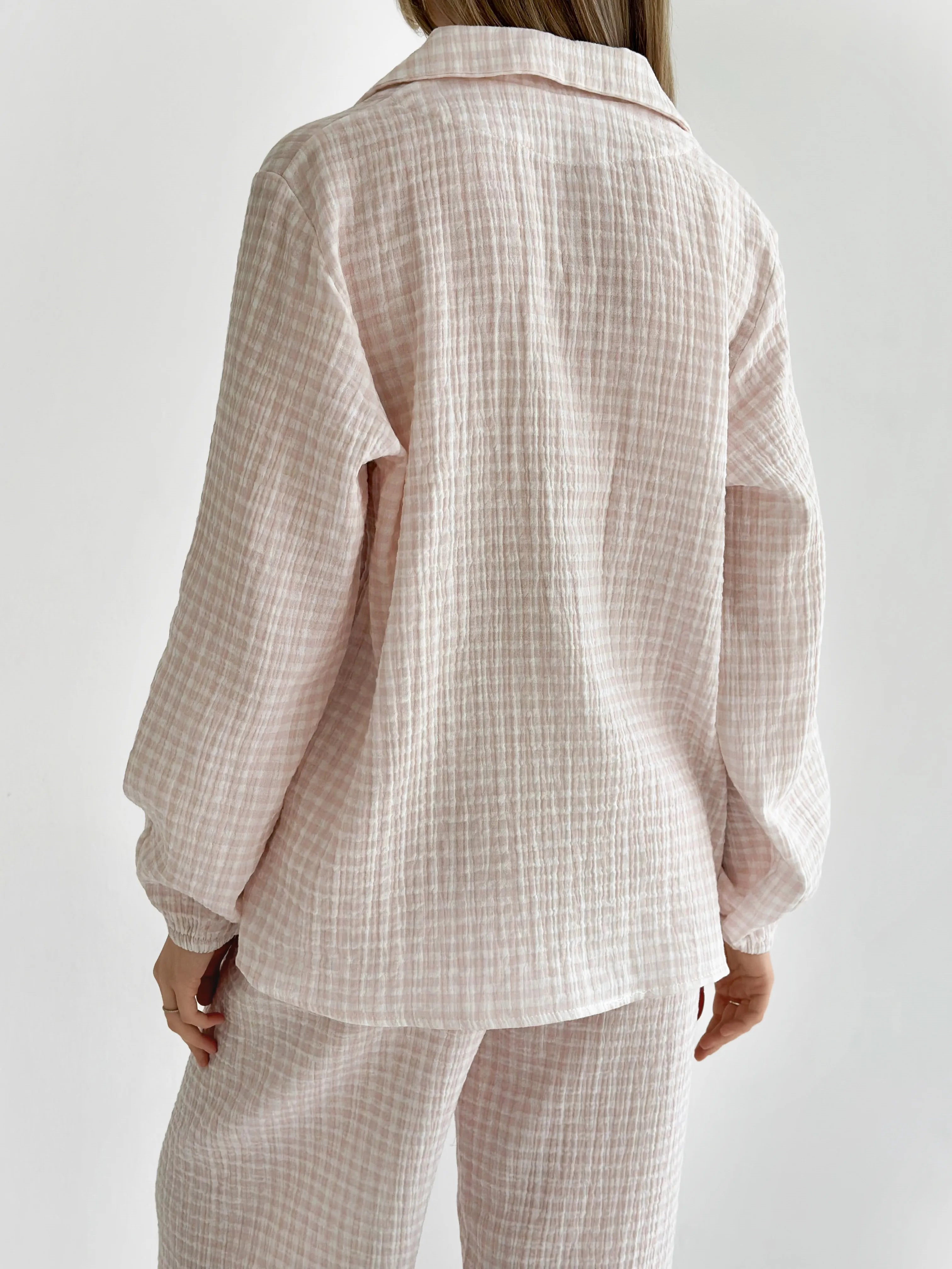 Suit spacious shirt and pants muslin check beige on milky