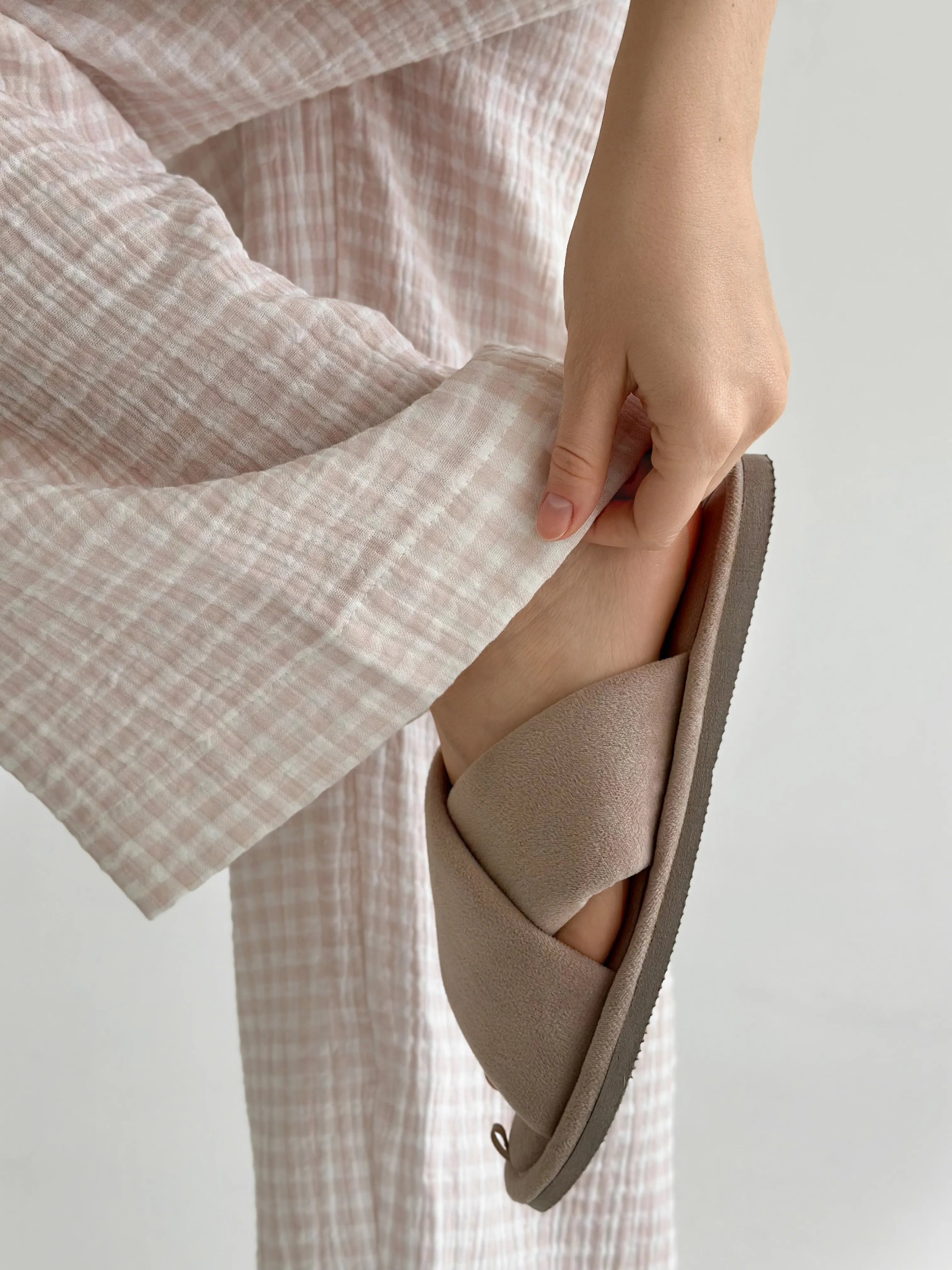 Suit spacious shirt and pants muslin check beige on milky