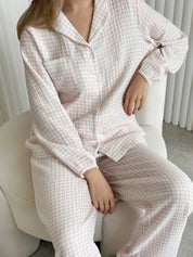 Suit spacious shirt and pants muslin check beige on milky