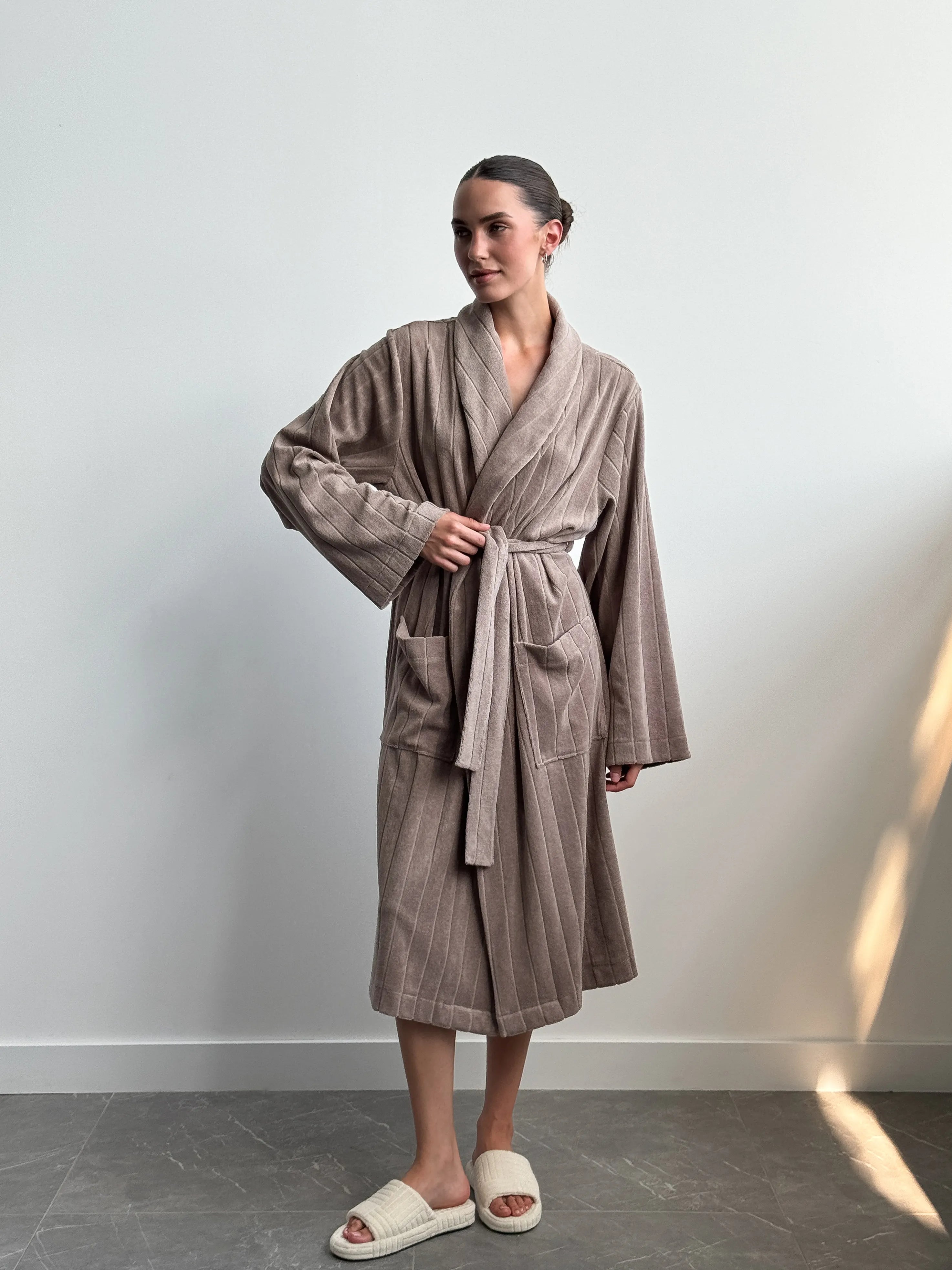 Brown striped terry robe