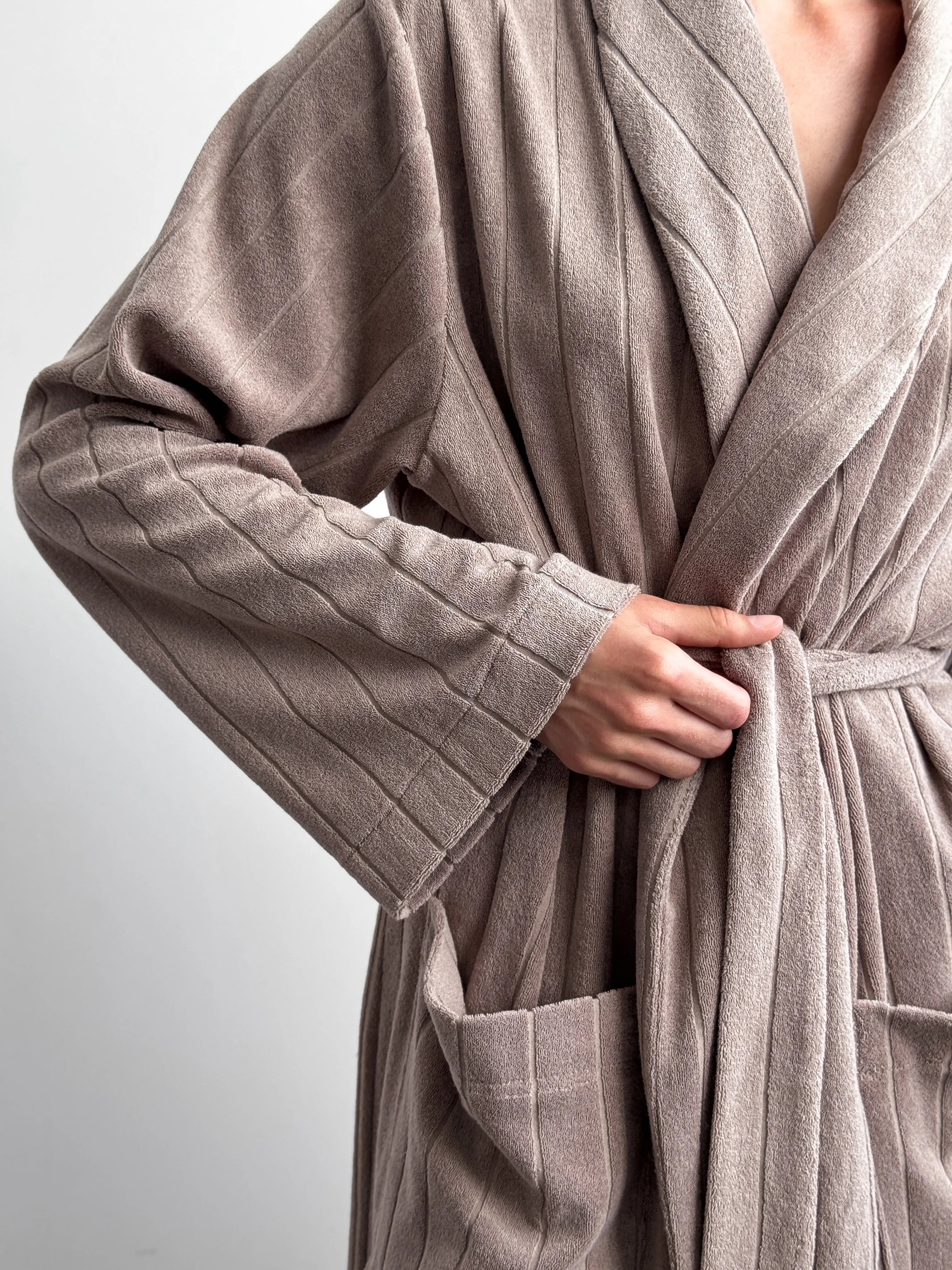 Brown striped terry robe
