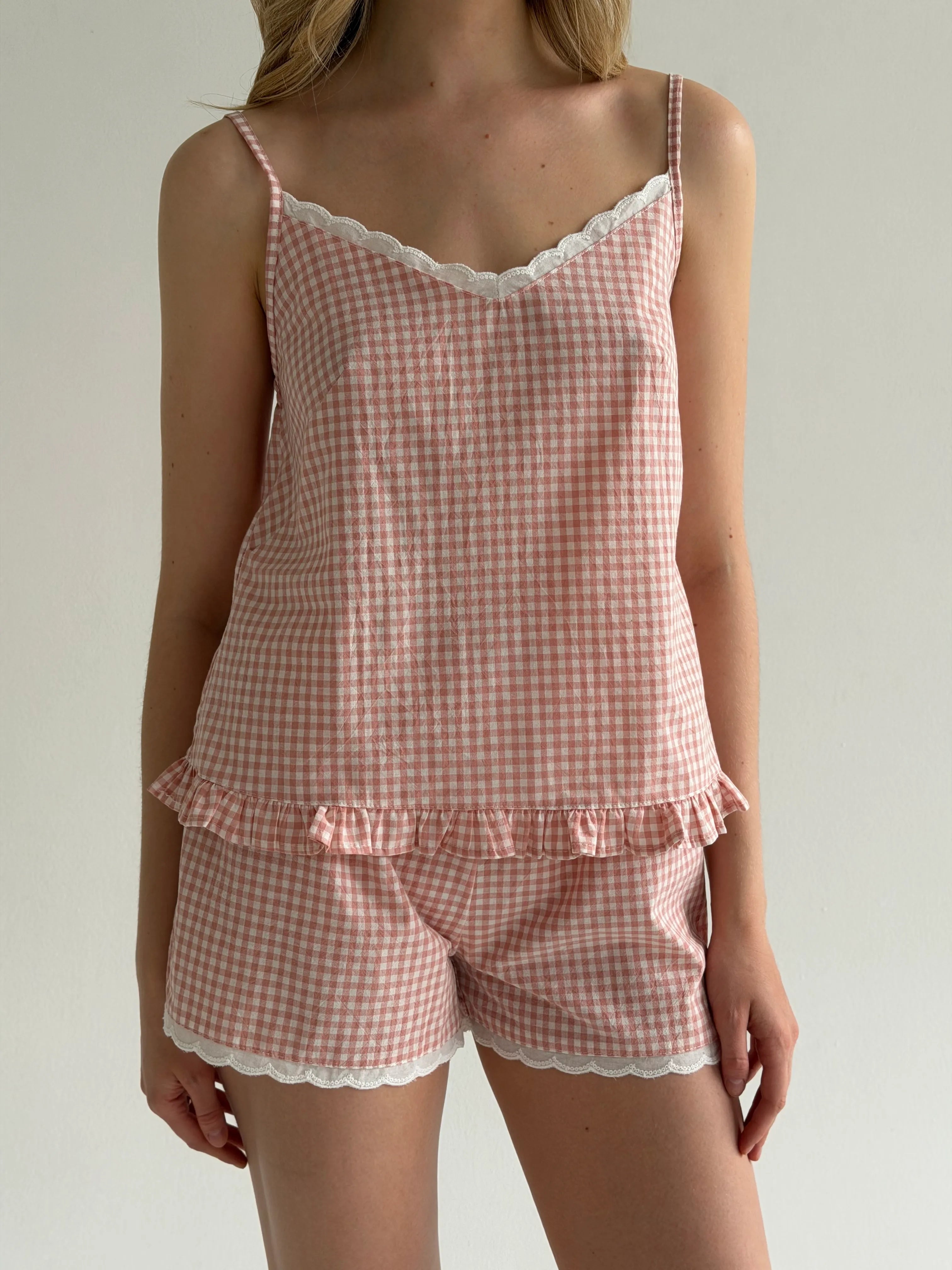 Suit cotton check T-shirt and shorts with ribbon powder/milk