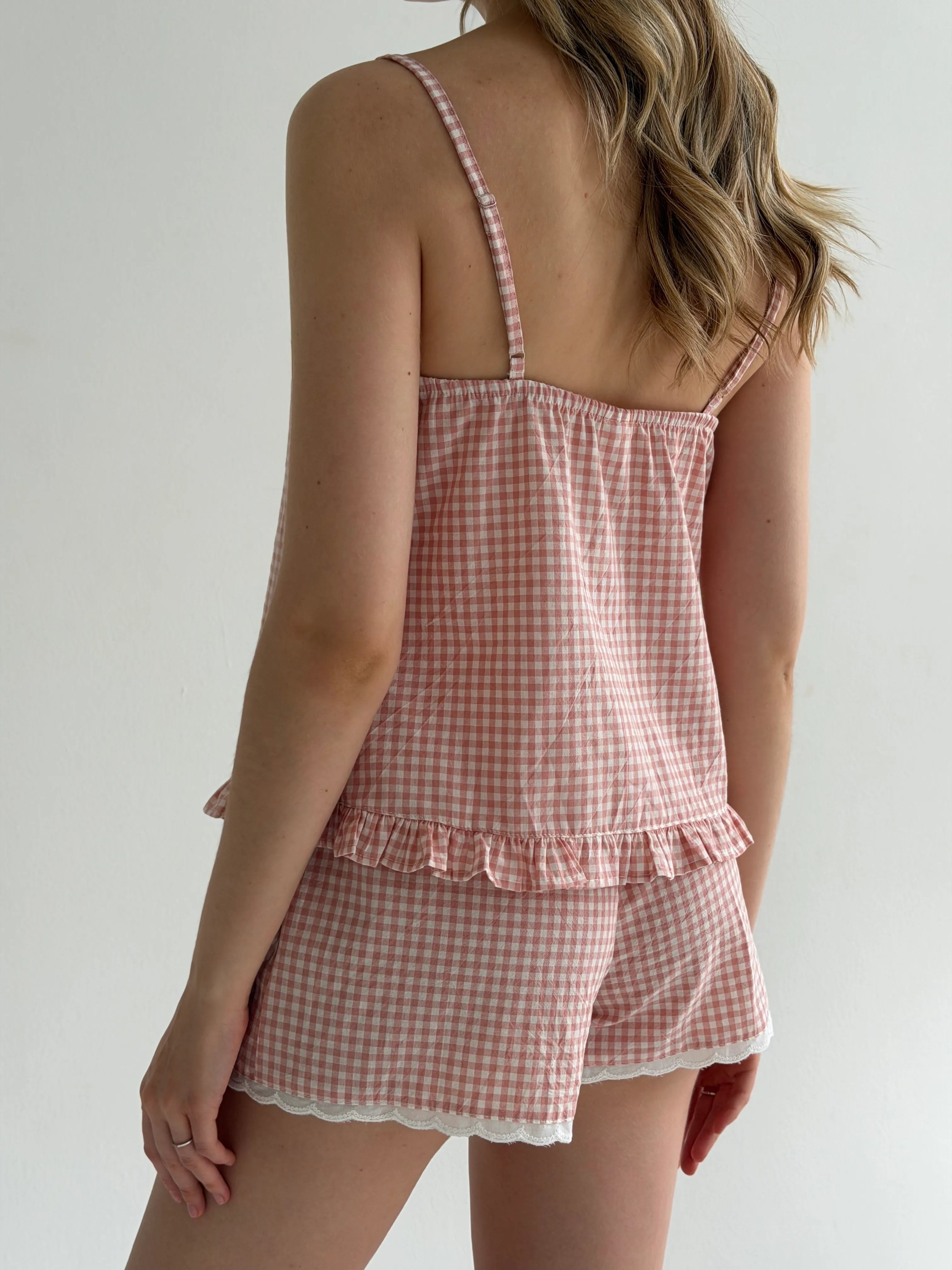 Suit cotton check T-shirt and shorts with ribbon powder/milk